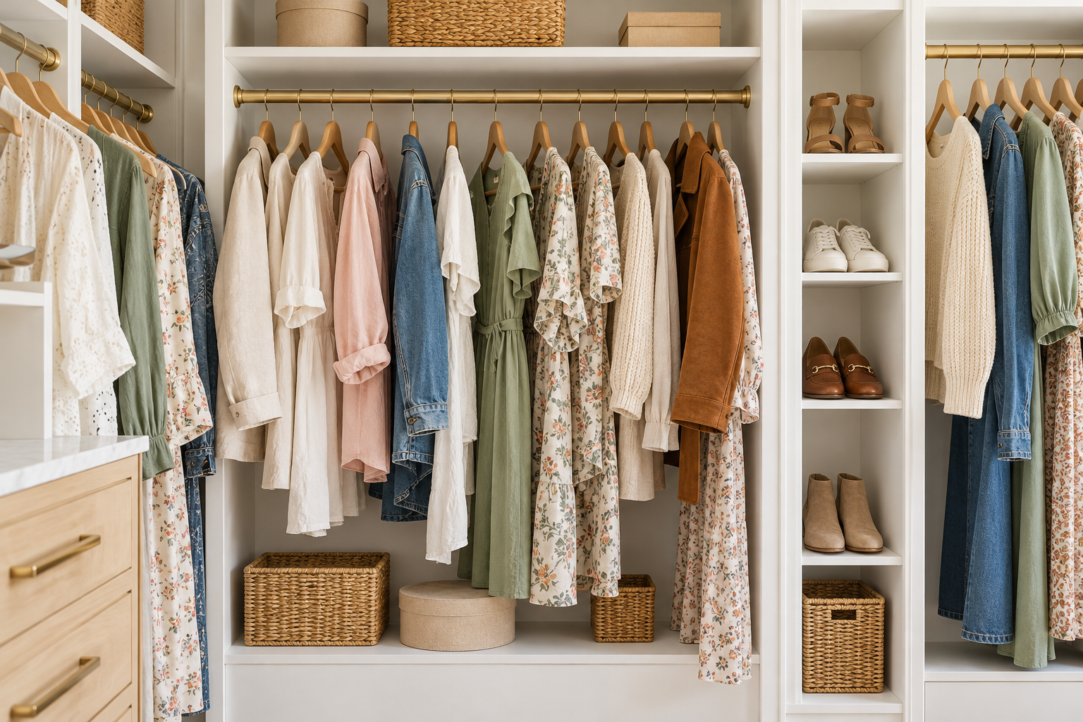 An airy open wardrobe with a colourful collection of clothing on hangers